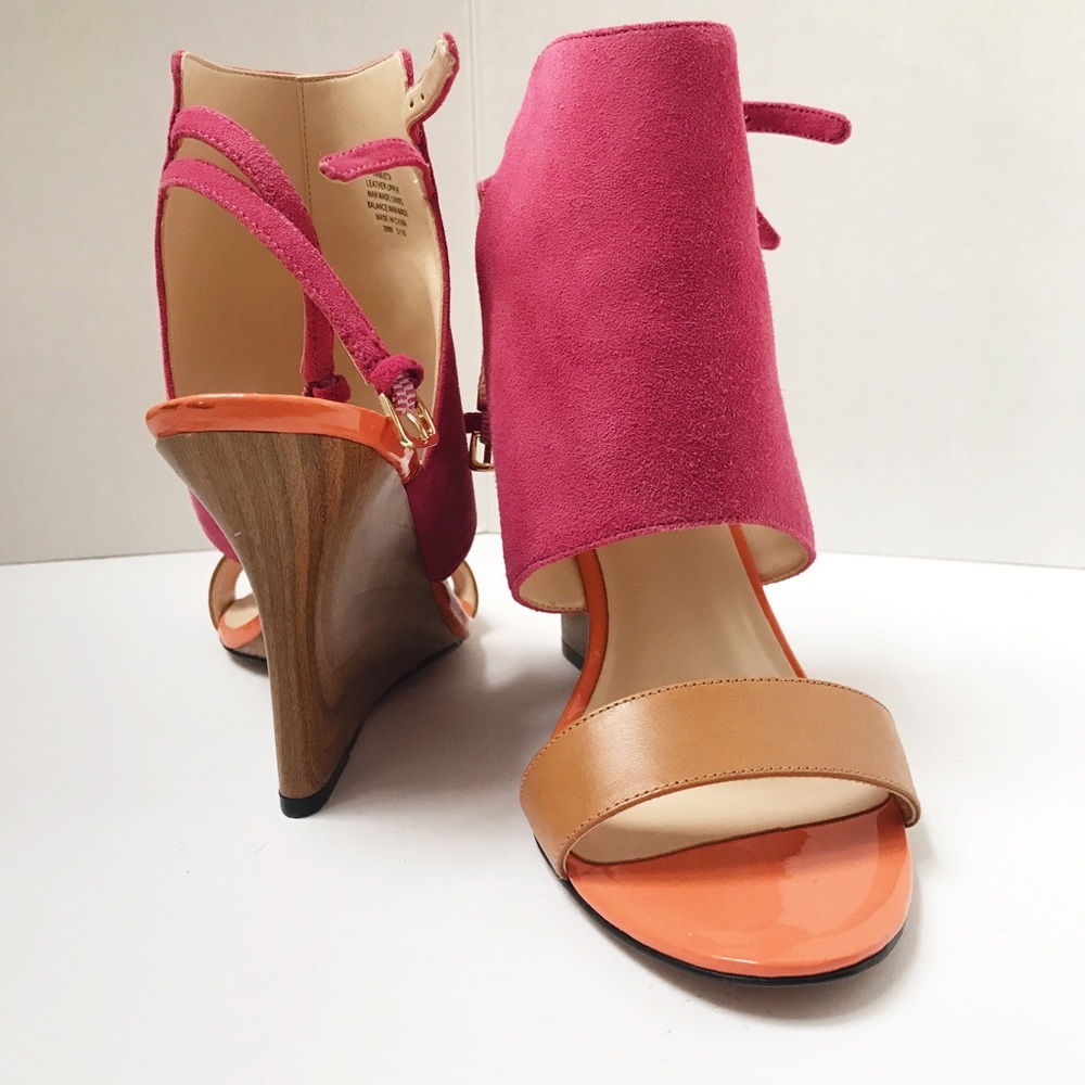 Nine West Pink Suede and Orange Wedge Sandals Sz 8